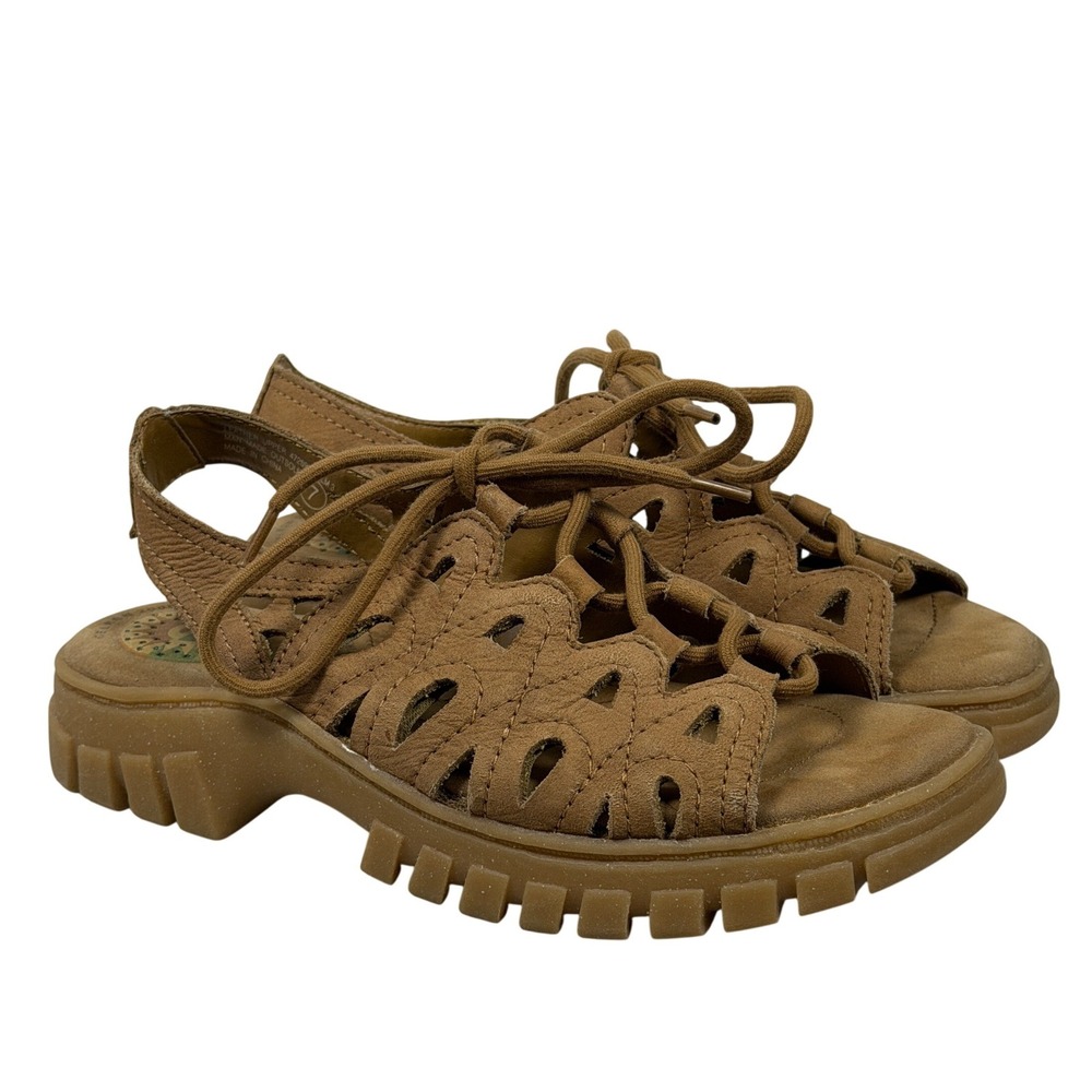 Earth Shoe Elm Tan Leather Lace Up Chunky Platform Sandals Womens 7